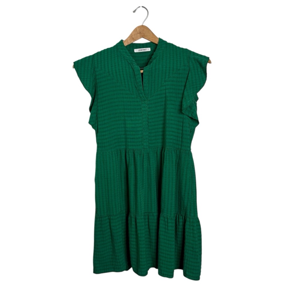 SELF CONTRAST Green Babydoll Linen Blend Flutter Sleeve Dress S Prairie Cottage